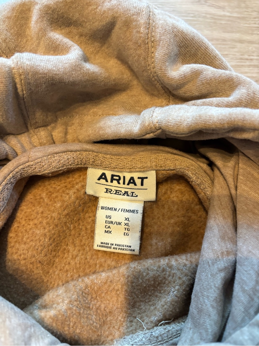 Ariat Women’s Sz XL REAL Hoodie Long Sleeve Logo Pullover Lined Western Tan - Picture 9 of 11